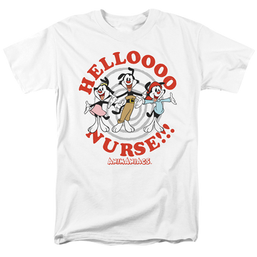 White men's regular fit t-shirt with Animaniacs Hello Nurse graphic