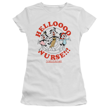 White juniors t-shirt with Animaniacs Hello Nurse graphic