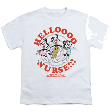 White youth t-shirt for ages 8 to 12 with Animaniacs Hello Nurse graphic