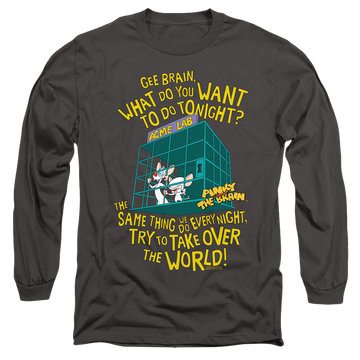 Charcoal men's long sleeve t-shirt with Pinky and The Brain The World graphic