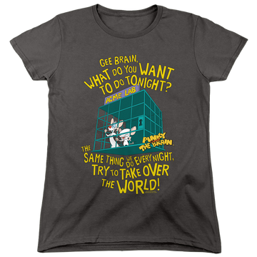 Charcoal women's t-shirt with Pinky and The Brain The World graphic