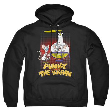Black pullover hoodie with Pinky and The Brain Lab Flask graphic
