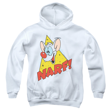 White youth hoodie for ages 8 to 12 with Pinky and The Brain Narf graphic