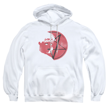 White pullover hoodie with Chilling Adventures of Sabrina Herald Sabrina graphic