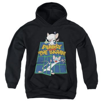Black youth hoodie for ages 8 to 12 with Pinky and The Brain Ol Standard graphic