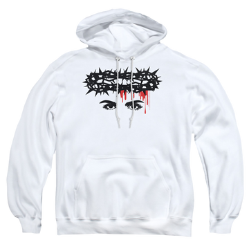 White pullover hoodie with Chilling Adventures of Sabrina Crown Of Thorns graphic