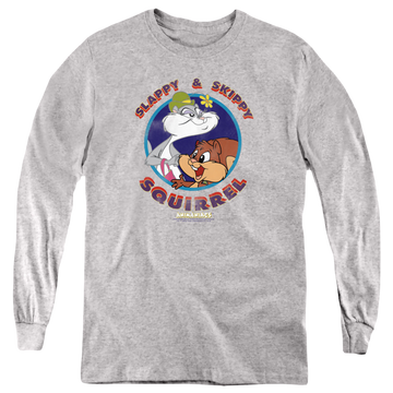 Athletic heather youth long sleeve t-shirt with Animaniacs Slappy And Skippy Squirrel graphic