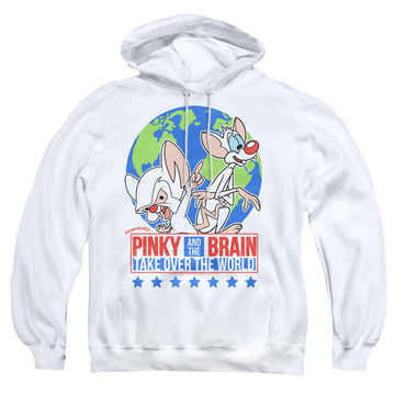 White pullover hoodie with Pinky and The Brain Campaign graphic
