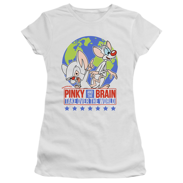 White juniors t-shirt with Pinky and The Brain Campaign graphic