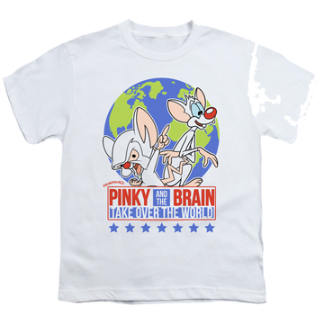 White youth t-shirt for ages 8 to 12 with Pinky and The Brain Campaign graphic