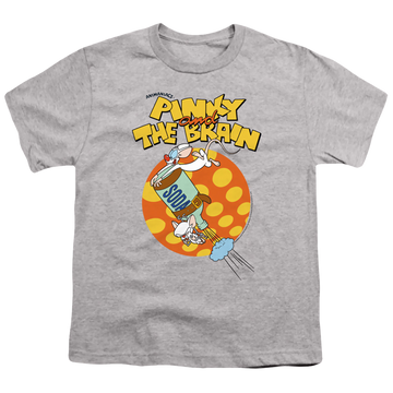 Athletic heather youth t-shirt for ages 8 to 12 with Pinky and The Brain Soda graphic