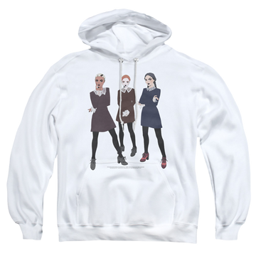 White pullover hoodie with Chilling Adventures of Sabrina Weird graphic