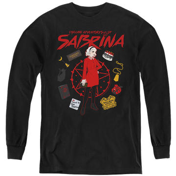 Black youth long sleeve t-shirt with Chilling Adventures of Sabrina Circle graphic