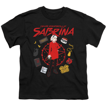 Black youth t-shirt for ages 8 to 12 with Chilling Adventures of Sabrina Circle graphic