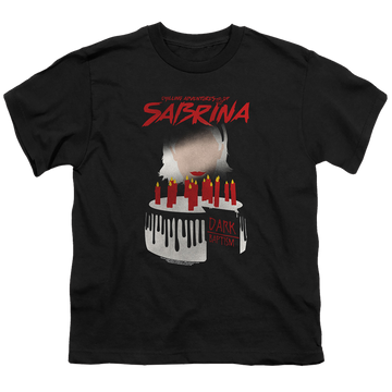 Black youth t-shirt for ages 8 to 12 with Chilling Adventures of Sabrina Dark Baptism graphic