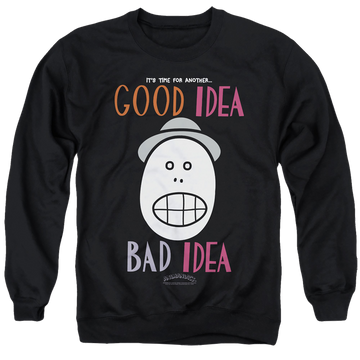 Black men's crewneck sweatshirt with Animaniacs Good Idea Bad Idea graphic