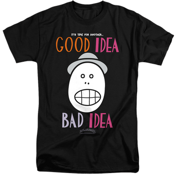 Black men's tall fit t-shirt with Animaniacs Good Idea Bad Idea graphic
