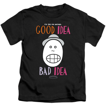 Black kid's t-shirt for ages 4 to 7 with Animaniacs Good Idea Bad Idea graphic