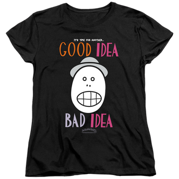 Black women's t-shirt with Animaniacs Good Idea Bad Idea graphic