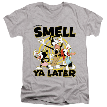 Athletic heather men's v-neck t-shirt with Animaniacs Smell Ya Later graphic