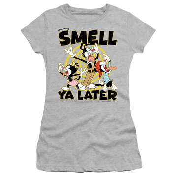 Athletic heather juniors t-shirt with Animaniacs Smell Ya Later graphic