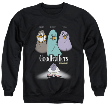 Black men's crewneck sweatshirt with Animaniacs Goodfeathers graphic