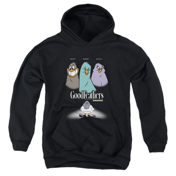 Black youth hoodie for ages 8 to 12 with Animaniacs Goodfeathers graphic