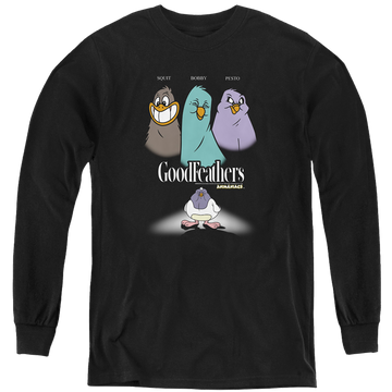 Black youth long sleeve t-shirt with Animaniacs Goodfeathers graphic