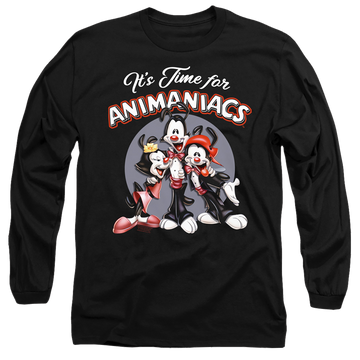 Black men's long sleeve t-shirt with Animaniacs Its Time For graphic