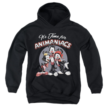 Black youth hoodie for ages 8 to 12 with Animaniacs Its Time For graphic