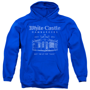 Royal pullover hoodie with White Castle By The Sack graphic