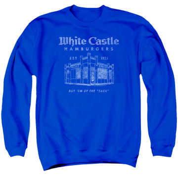 Royal men's crewneck sweatshirt with White Castle By The Sack graphic