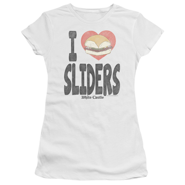 White juniors t-shirt with White Castle I Heart Sliders graphic