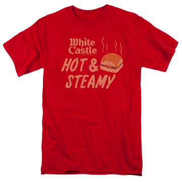 Red men's regular fit t-shirt with White Castle Hot & Steamy graphic