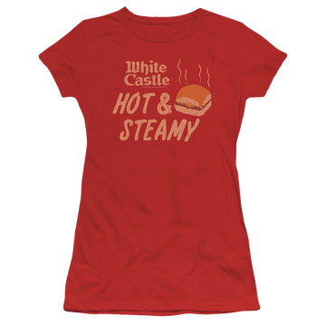 Red juniors t-shirt with White Castle Hot & Steamy graphic