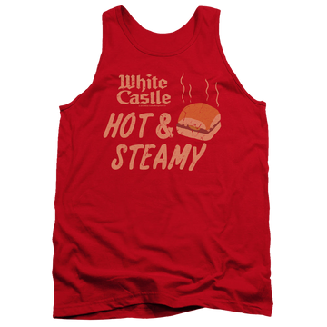 Red men's tank with White Castle Hot & Steamy graphic