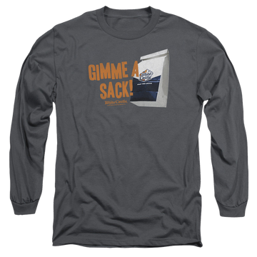 Charcoal men's long sleeve t-shirt with White Castle Gimmie A Sack graphic