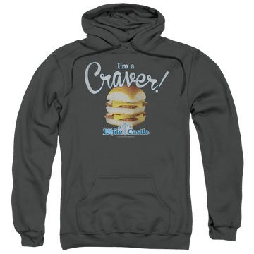 Charcoal pullover hoodie with White Castle Craver graphic