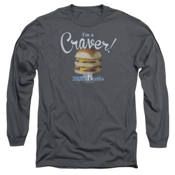 Charcoal men's long sleeve t-shirt with White Castle Craver graphic