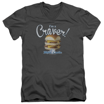 Charcoal men's v-neck t-shirt with White Castle Craver graphic