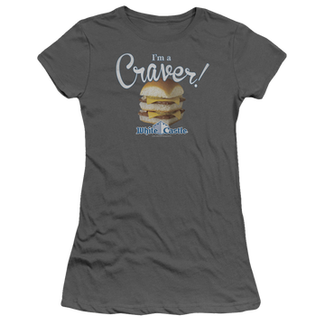 Charcoal juniors t-shirt with White Castle Craver graphic