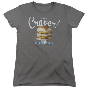 Charcoal women's t-shirt with White Castle Craver graphic
