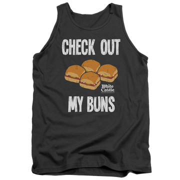 Charcoal men's tank with White Castle My Buns graphic