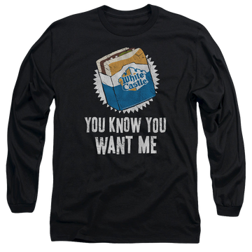 Black men's long sleeve t-shirt with White Castle Want Me graphic