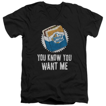 Black men's v-neck t-shirt with White Castle Want Me graphic