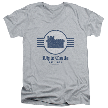 Athletic heather men's v-neck t-shirt with White Castle Emblem graphic