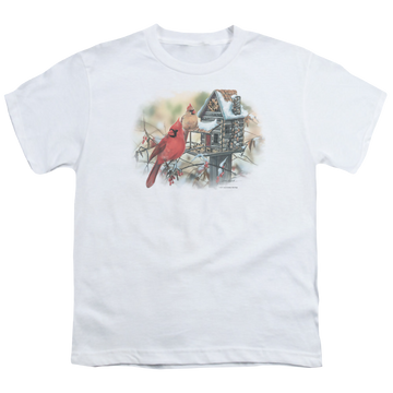 White youth t-shirt for ages 8 to 12 with Wild Wings Cardinals Rustic Retreat graphic
