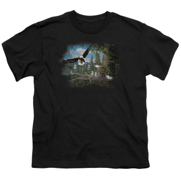 Black youth t-shirt for ages 8 to 12 with Wild Wings Spring Bald Eagles graphic
