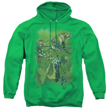 Kelly green pullover hoodie with Wild Wings Summertime Estrn Bluebird graphic