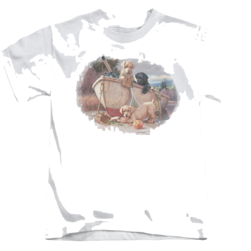White kid's t-shirt for ages 4 to 7 with Wild Wings Lunch Break Lab Pups graphic